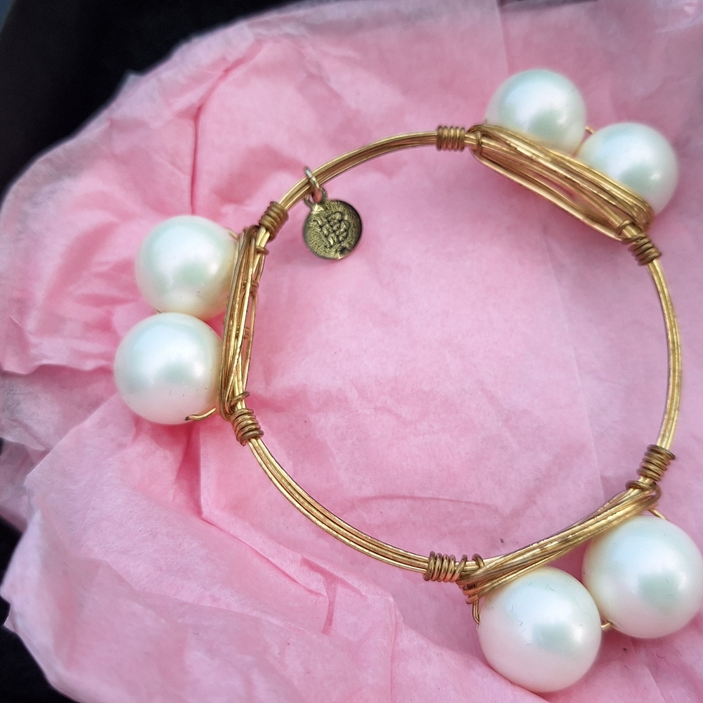 Gold and White Pearl Bangle Bracelet